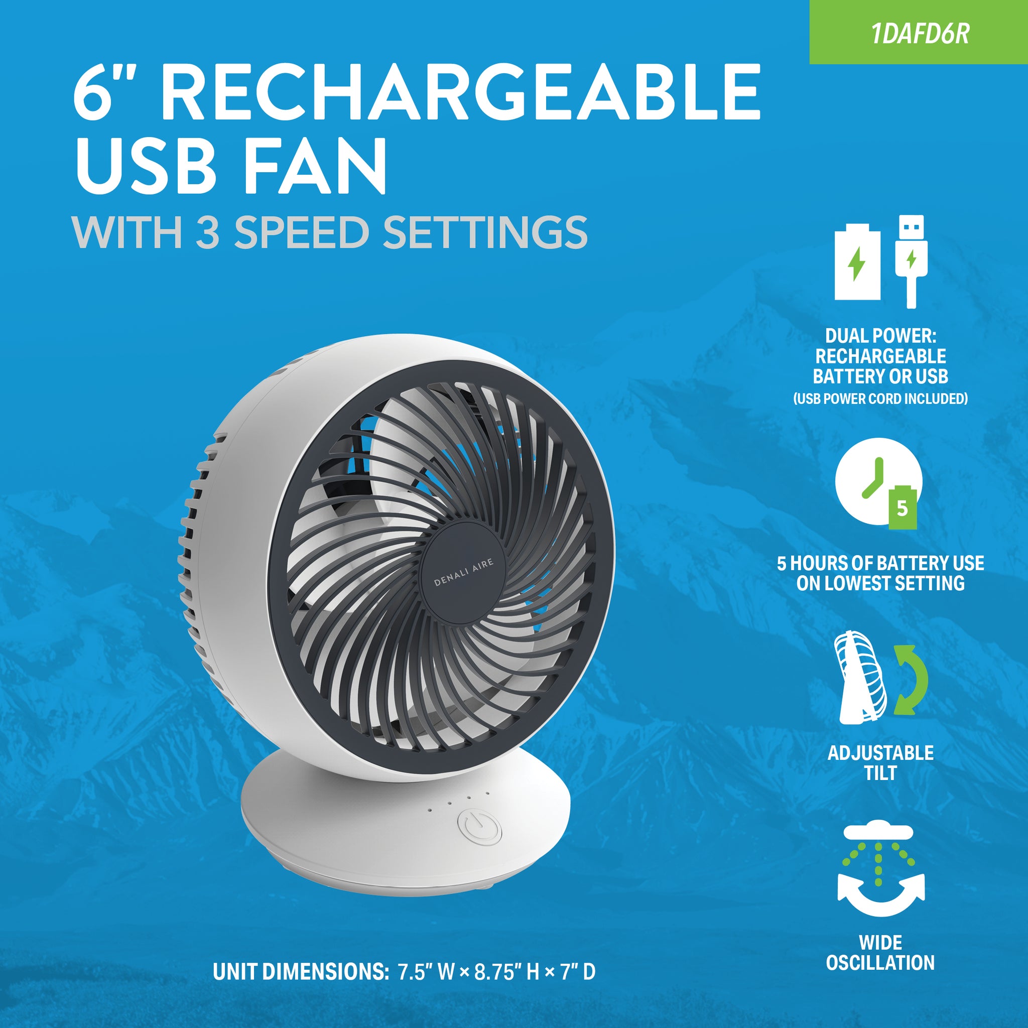 6 Rechargeable Oscillating Table Fan — Denali Aire